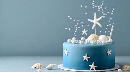 Blue Ocean-Themed Birthday Cake with Seashells and Starfish
