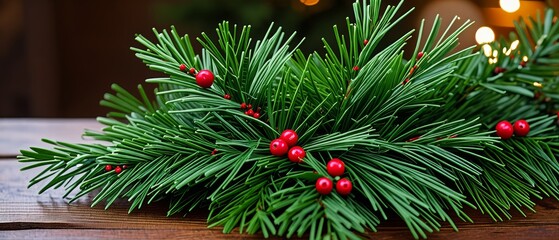 Fototapeta premium Festive green pine branches with red berries for holiday decorations