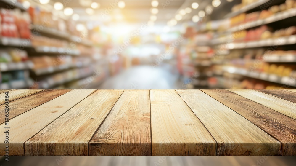 Poster empty wood table top with supermarket blurred background for product display