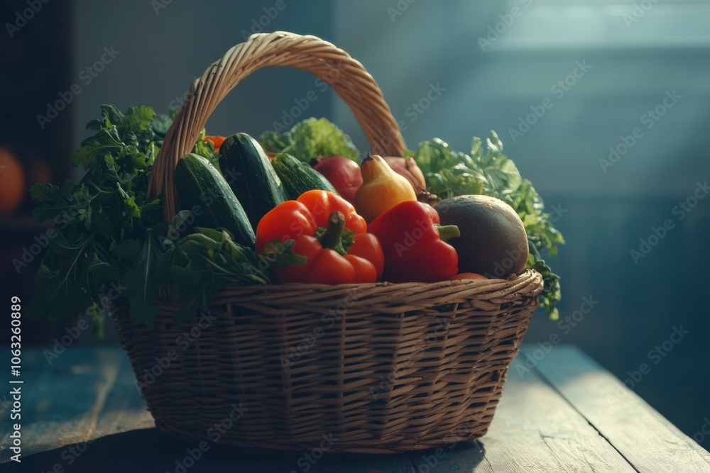 Poster a wicker basket brims with fresh vegetables and fruits, adding a charming touch to the rustic wooden
