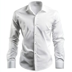The white shirt is shown on the front with long sleeves and buttons down the center, a plain cotton material, a large collar with no creases or folds,generative ai