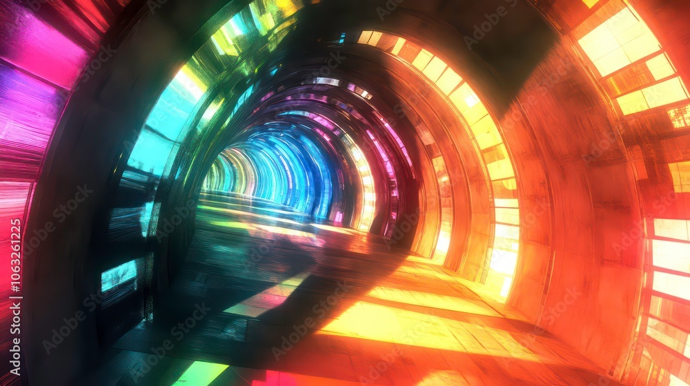 Poster a vibrant, abstract tunnel with colorful light reflections creating a dynamic visual effect.
