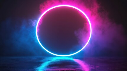 Neon circle light frame, empty blue pink gradient banner, round glow ring with reflection on black background 3d render. Night club or casino electric signboard with glowing border.