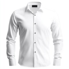The white shirt is shown on the front with long sleeves and buttons down the center, a plain cotton material, a large collar with no creases or folds,generative ai