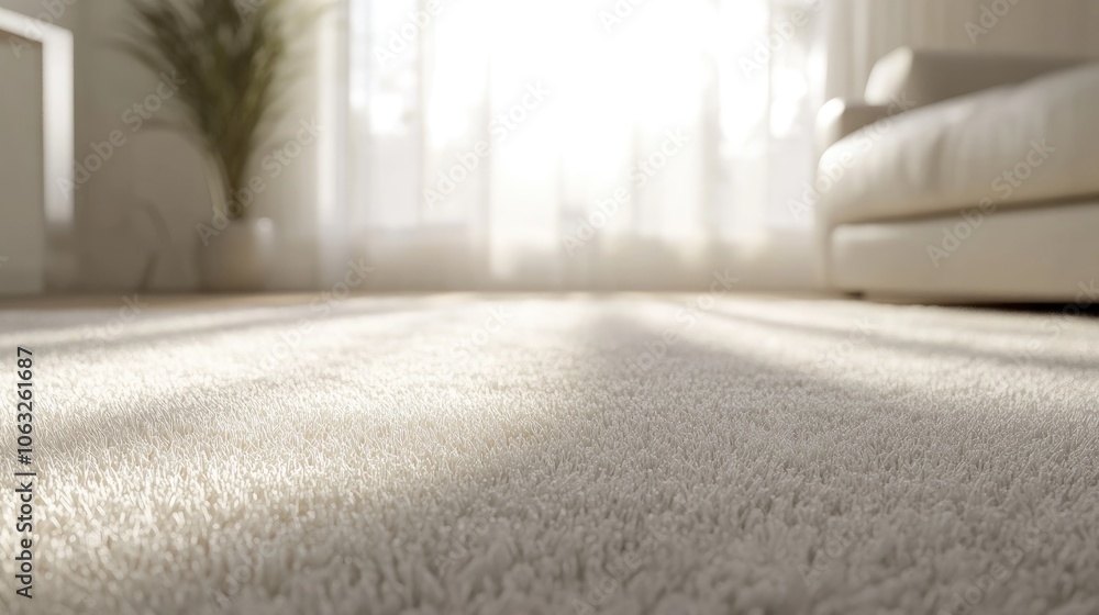 Poster close up of a plush white carpet with a softly blurred background featuring a light minimalistic int