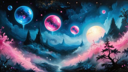 A stunning cosmic landscape featuring vibrant pink planets and ethereal clouds, set against a mesmerizing starry sky. Perfect for science fiction themes and space art
