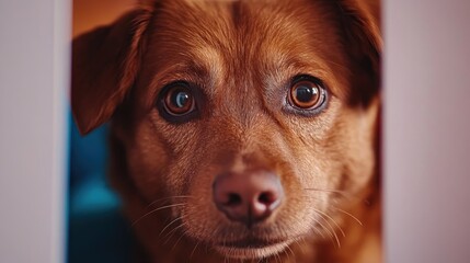 Dog Curiously Looking Out from Behind a Blank White Banner with Room for Text