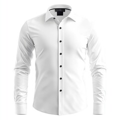 The white shirt is shown on the front with long sleeves and buttons down the center, a plain cotton material, a large collar with no creases or folds,generative ai