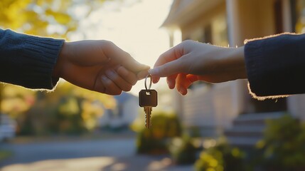 Two hands exchanging a set of keys, with a house in the background.