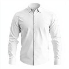 The white shirt is shown on the front with long sleeves and buttons down the center, a plain cotton material, a large collar with no creases or folds,generative ai