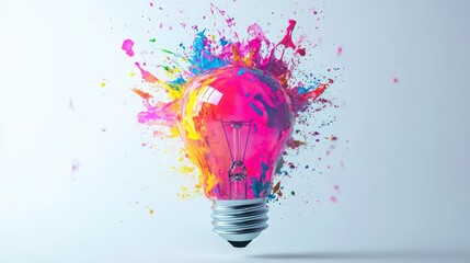 Concept art brainstorm and Generation of creative ideas. Electric light bulb symbol with splashes of colored paint on white background.