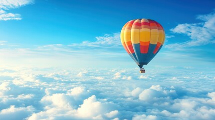 Fototapeta premium inspiration or travel background, fly above the clouds, colorful hot air balloon in blue sky