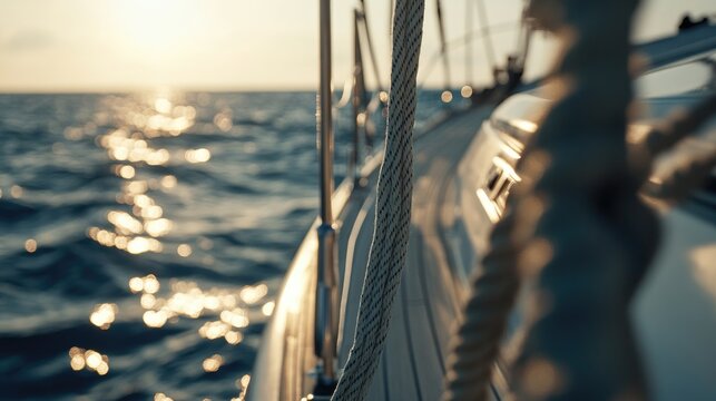 Close up of hoisting ropes on a yacht with a view of the ocean