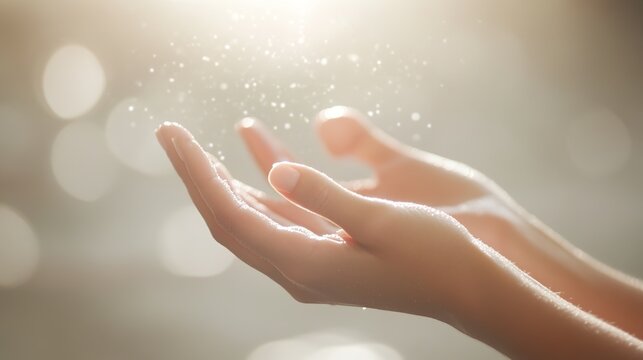 Open hands catching sparkling light particles