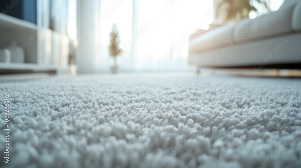 Poster close up of a plush white carpet with a softly blurred background featuring a light minimalistic int