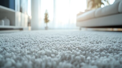 Close up of a plush white carpet with a softly blurred background featuring a light minimalistic interior and a sofa An inviting yet vacant living area