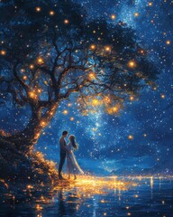 Obraz premium A couple stands close together beneath a mesmerizing starry sky.