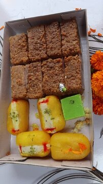 A tray of Indian sweets, chamcham and sponge milk cake, displayed on a white background, highlighting their delicate textures and appealing appearance, selective focus 