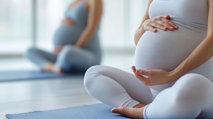 Pregnant women practicing prenatal yoga in class