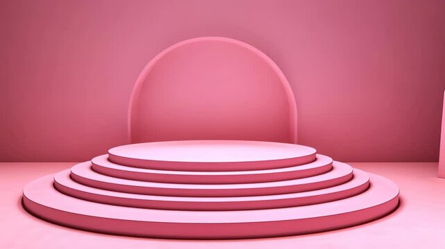 A pink platform with four steps is set against a pink background with a large, half-circle arch behind it