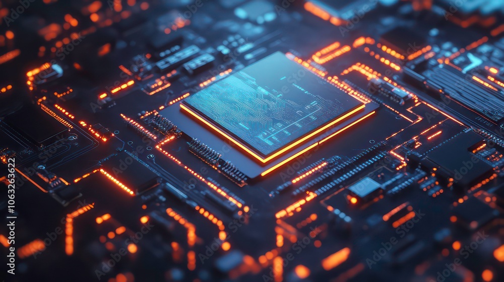 Poster Close-up of a microchip on a circuit board, showcasing technology and design intricacies.