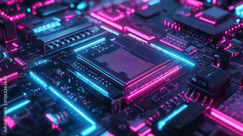 Aufkleber Concept CPU microchip for ai and data network. Close-up view of modern chip gpu card with circuit blue neon lights