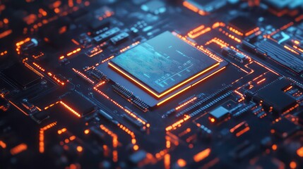 Obraz premium Close-up of a microchip on a circuit board, showcasing technology and design intricacies.