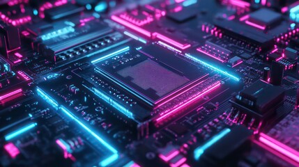 Obraz premium Concept CPU microchip for ai and data network. Close-up view of modern chip gpu card with circuit blue neon lights