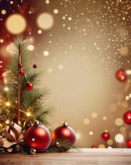 Christmas card design. New year festive mock up with lights and decor. Christmas tree and snow