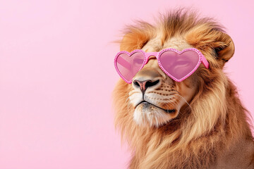 
lion wearing heart-shaped pink sunglasses on an isolated pastel pink background, a funny animal in the concept of love for Valentine's Day celebration or a Valentine's party decoration idea