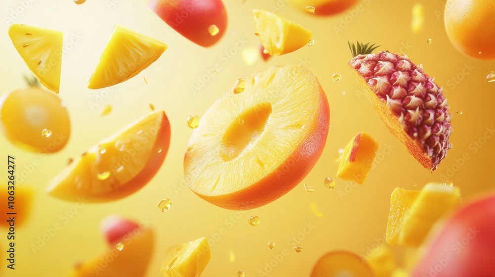 Poster brightly colored tropical fruits like pineapple and mango float amidst a vivid background, capturing