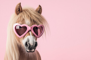 pony horse wearing heart-shaped pink sunglasses on an isolated pastel pink background, a funny animal in the concept of love for Valentine's Day celebration or a Valentine's party decoration idea