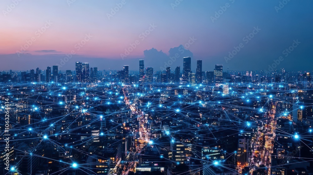 Poster modern city with wireless communication network. digital transformation.