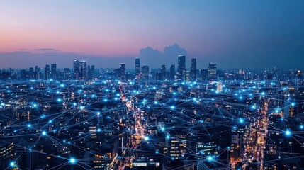 Obraz premium Modern city with wireless communication network. Digital transformation.