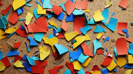 Colorful paper stickers arranged on a textured cork board surface