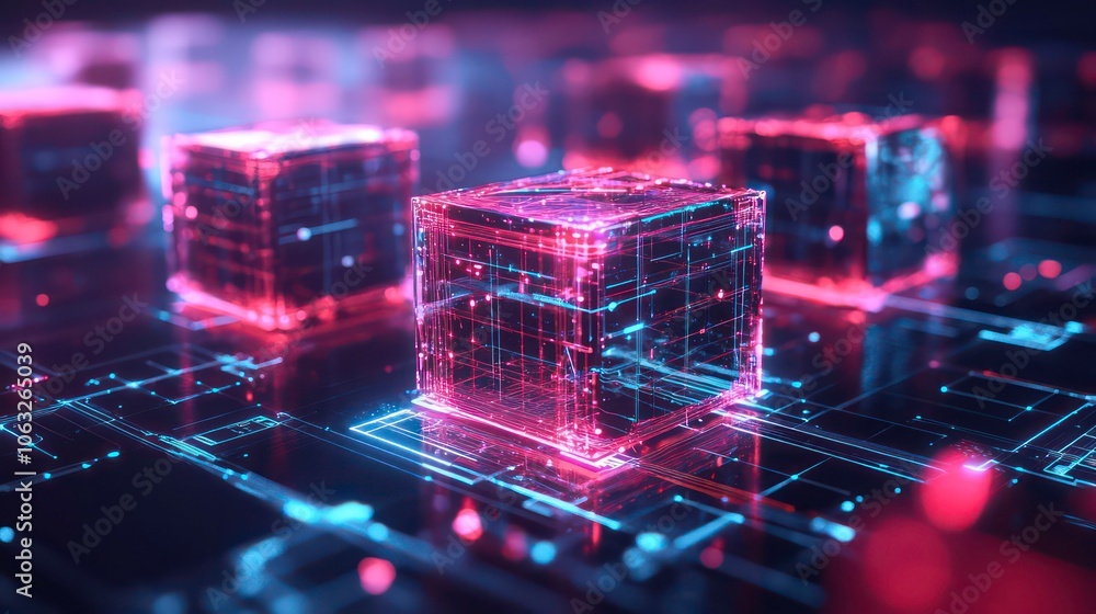 Poster Abstract digital landscape with floating cubes and vibrant colors, suggesting depth and motion.