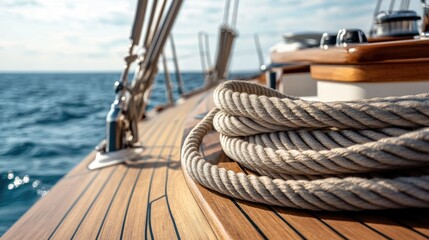 Obraz premium Close up of hoisting ropes on a yacht with a view of the ocean