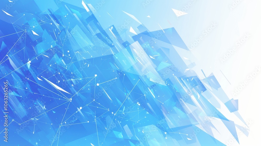 Poster abstract gradient design featuring a dynamic array of blue geometric shapes and lines, conveying a s