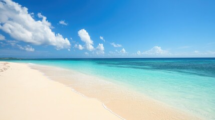 Deserted sandy beach along a summertime ocean featuring ample negative space for text or graphics