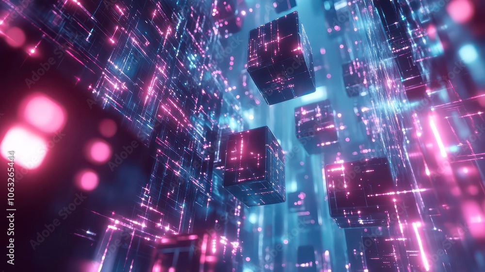 Poster Abstract digital landscape with floating cubes and vibrant colors, suggesting depth and motion.