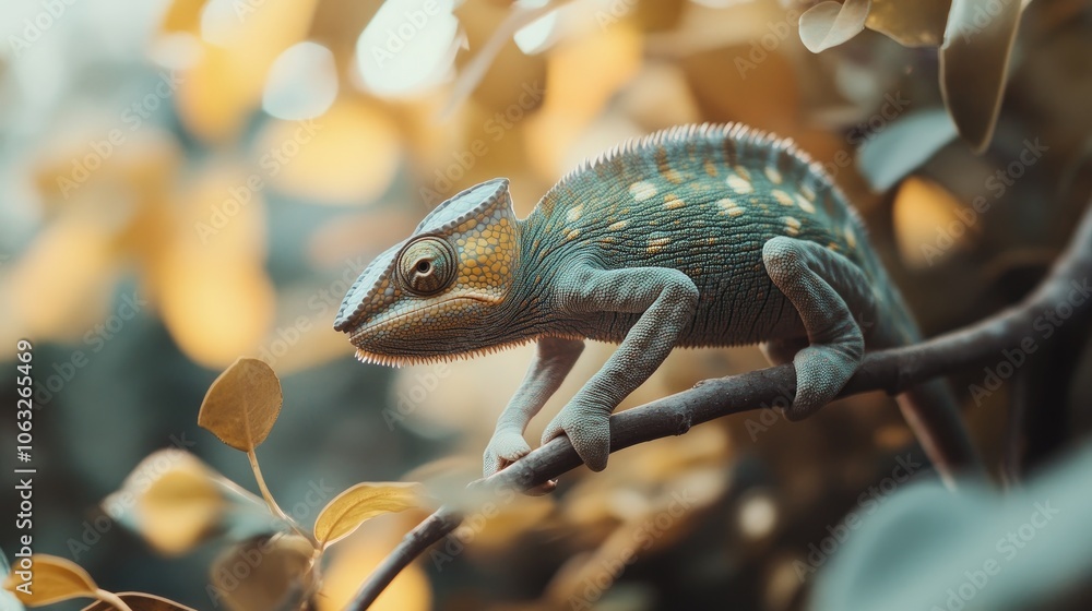 Poster close up view of a parson s chameleon walking along a tree with blurred foliage in the background