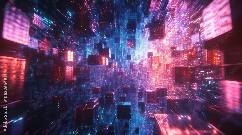 Poster Abstract digital landscape with floating cubes and vibrant colors, suggesting depth and motion.