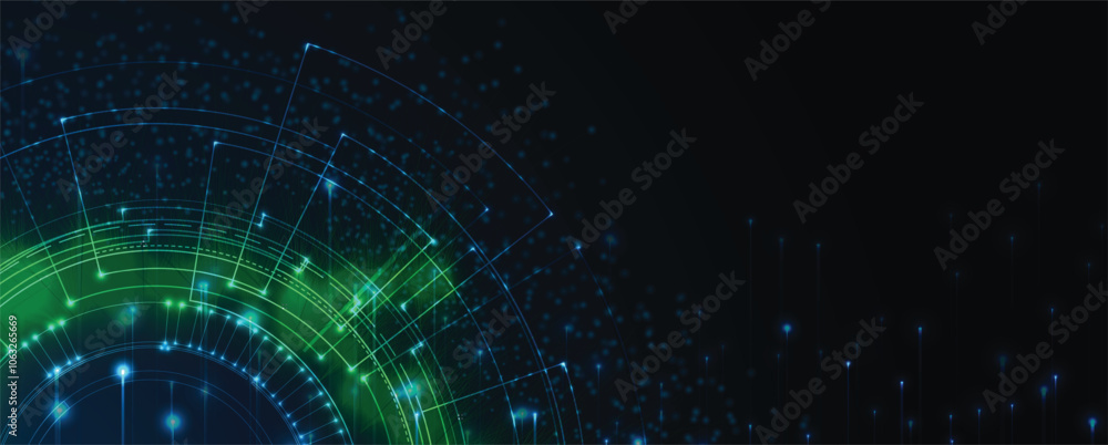 Poster Abstract vector technology background. Wave of particles artificial neural network