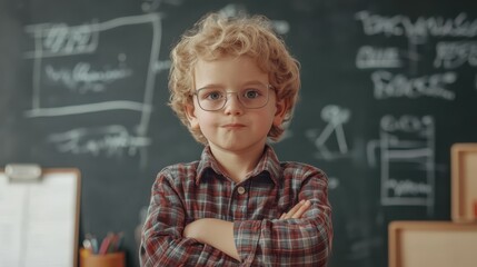Kid in class on background of blackboard