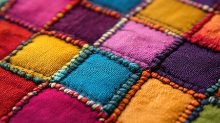 Close up of a vibrant patchwork fabric featuring an array of colorful squares stitched together with prominent seams