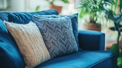 Close up view of a blue sofa adorned with pillows in a cozy living room setting