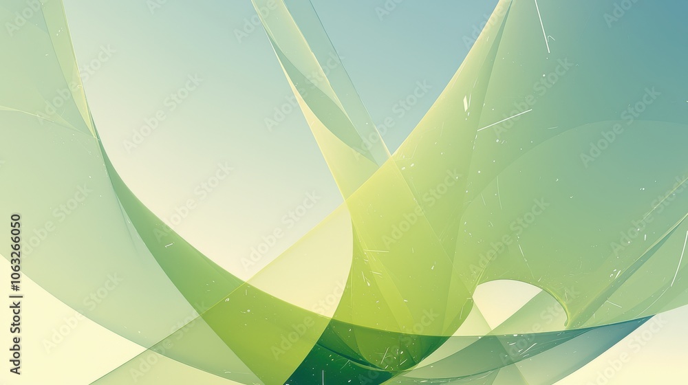 Poster an ethereal abstract design featuring flowing green and blue translucent waves on a soft gradient ba