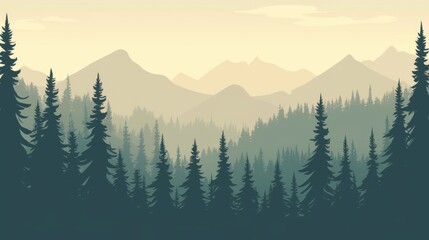 Obraz premium Lush evergreen trees silhouette against misty mountains at sunrise, creating a serene and tranquil atmosphere.
