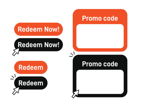 Redeem now and promo code badge buttons for website design, advertising, commerce, app and more