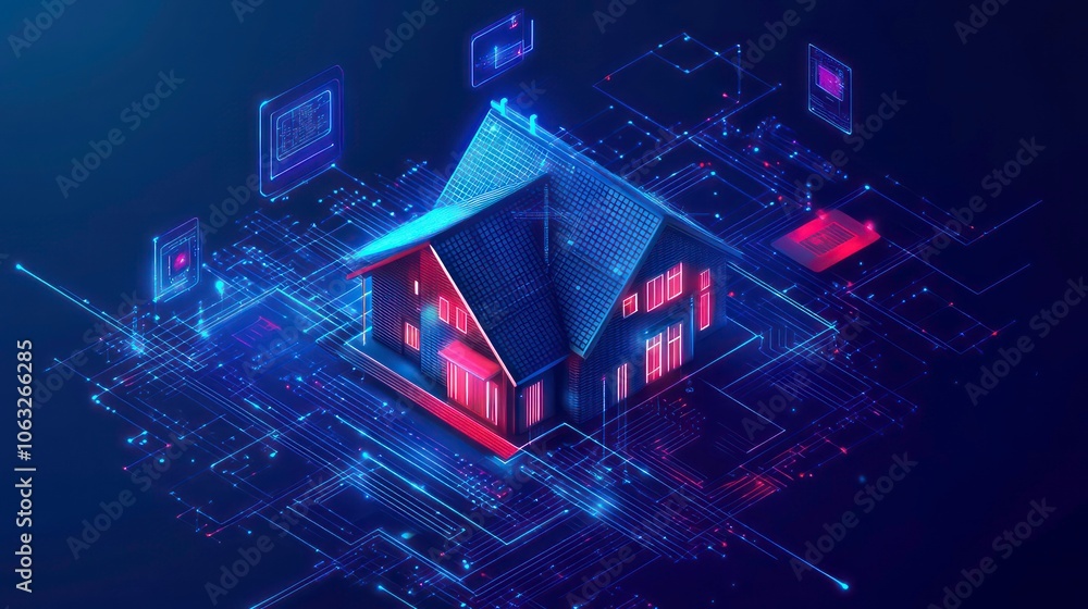 Poster A digital representation of a smart home with interconnected technology elements.